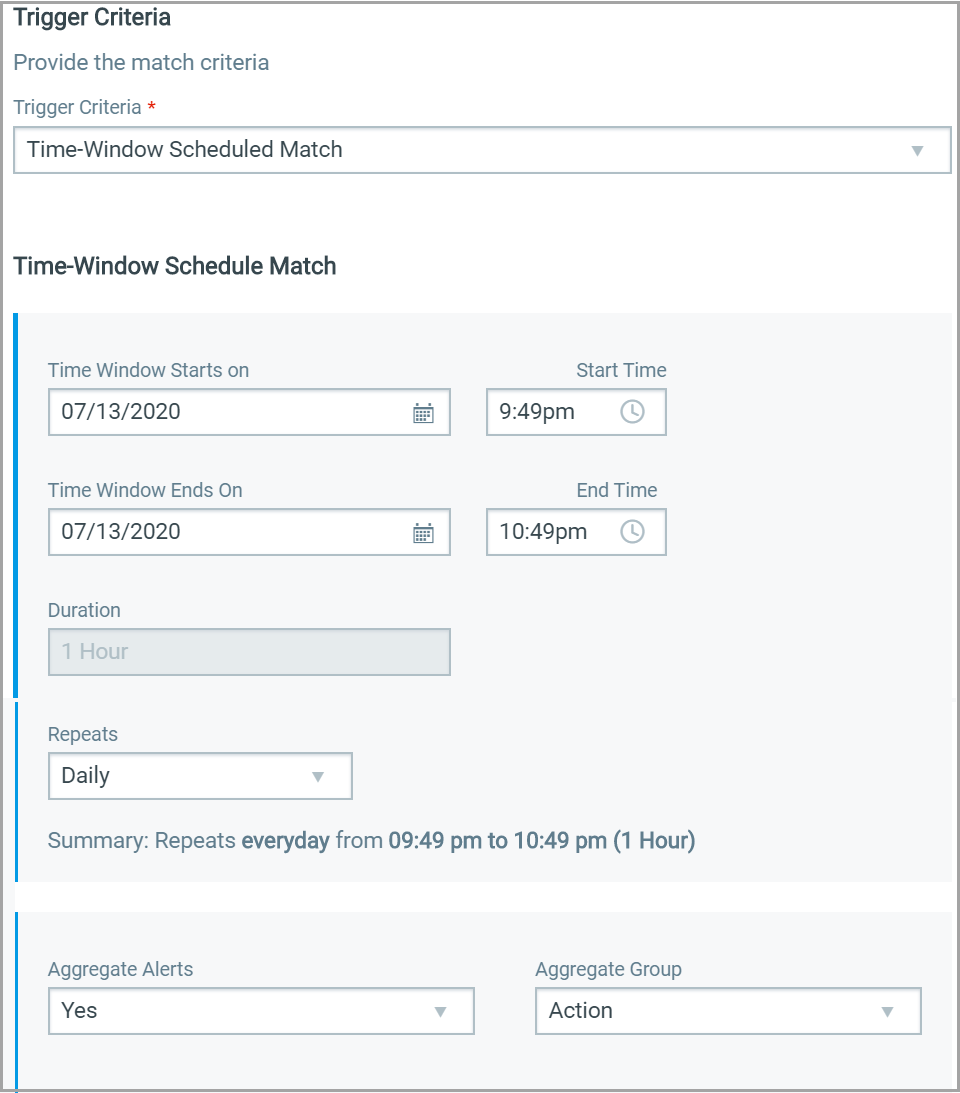 Create New Rule screen showing configurations for trigger criteria: Time-Window Scheduled Match.